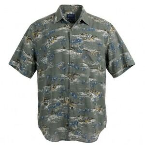 Batik Bay Button Down Shirt Mens Large Olive Green Tropical Surf Rayon Short Slv